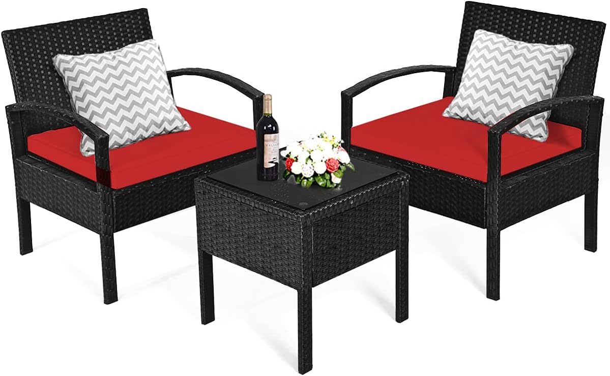 Tangkula 3 PCS Patio Conversation Set, Outdoor Rattan Sofa Set with Seat Cushions & Coffee Table, Patio Wicker Furniture Set for Garden Balcony Backyard Poolside (Red)