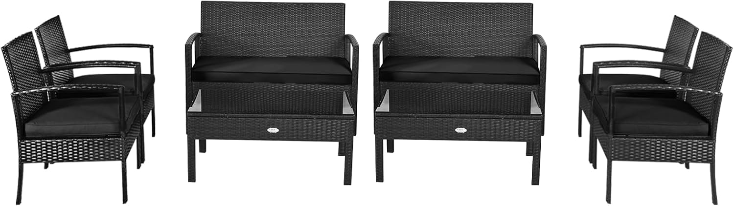Tangkula 8 Pieces Wicker Patio Conversation Furniture Set, Outdoor Rattan Chair and Table Set, Patio Furniture Sets with Coffee Table & Washable Cushions for Courtyard Balcony Garden
