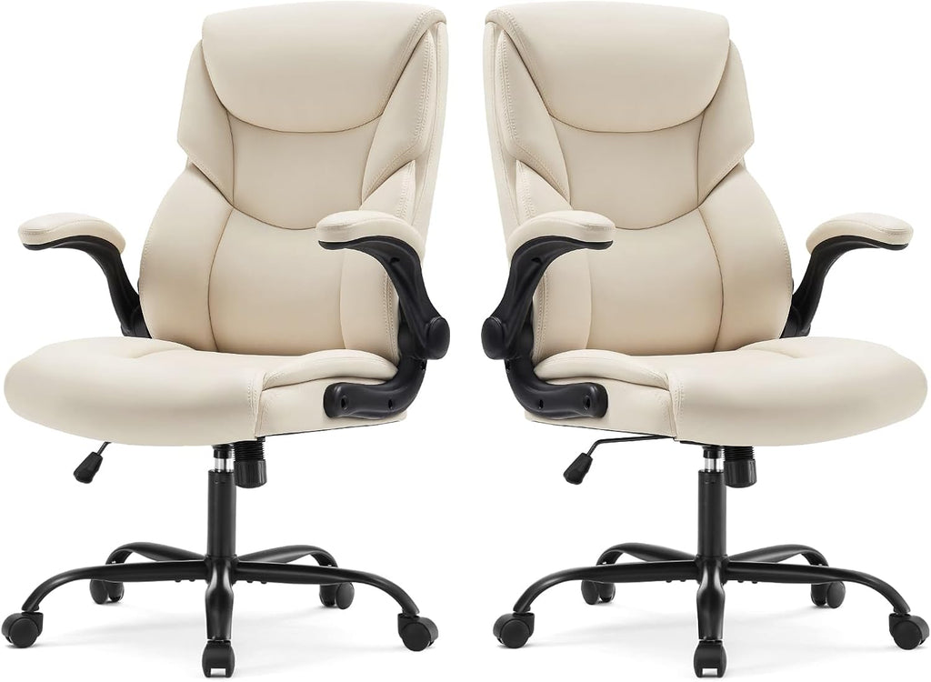Sweetcrispy Ergonomic Computer Gaming Office Chair Set of 2, Heavy Duty Task Desk Swivel Rolling Chairs with Wheels, Flip-up Arms, Adjustable Height, PU Leather,Cream White