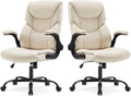 Sweetcrispy Ergonomic Computer Gaming Office Chair Set of 2, Heavy Duty Task Desk Swivel Rolling Chairs with Wheels, Flip-up Arms, Adjustable Height, PU Leather,Cream White