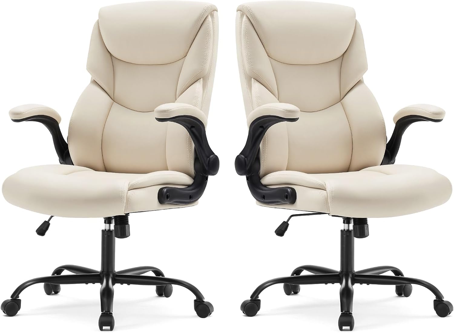 Sweetcrispy Ergonomic Computer Gaming Office Chair Set of 2, Heavy Duty Task Desk Swivel Rolling Chairs with Wheels, Flip-up Arms, Adjustable Height, PU Leather,Cream White
