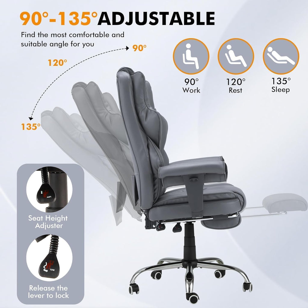 HOMREST 6-Point Massage Executive Chair,Heat Office Chair,Ergonomic Home Office Desk Chairs with Retractable Footrest and Reclining Function,Leather Computer Chair with Adjustable Armrest(‌Grey)