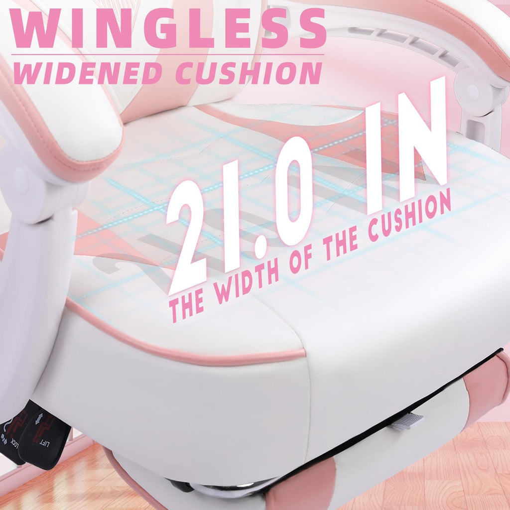 Vonesse Gaming Chair, High Back Pink Gaming Chair with Footrest and Massage, Gaming Chairs for Adults with Pocket Spring Cushion, Big and Tall Reclining Computer Chair with Lumbar Support (White/Pink)