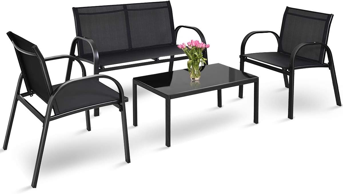 Tangkula 4 Pieces Patio Furniture Set, Metal Frame Heavy Duty Outdoor Conversation Set, Includes Glass Top Coffee Table, 2 Armrest Chairs and Loveseat, Suitable for Lawn Garden Porch Balcony Backyard