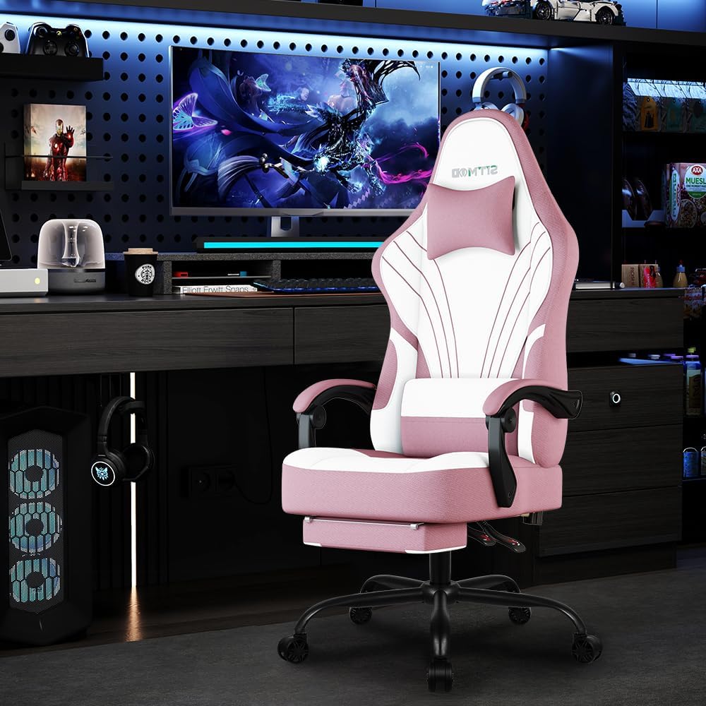Gaming Chair Fabric, Ergonomic Computer Chair with Footrest, Video Gamer Chair with Pocket Spring Cushion,Linkage Armrests and Headrest Lumbar Support,Swivel Height Adjustable Office Chair for Adults