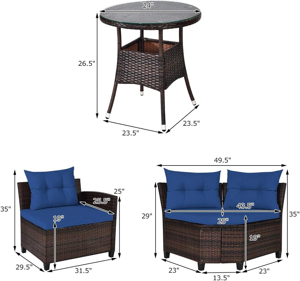Tangkula 4-Piece C Shape Patio Furniture Set, Outdoor Corner Wicker Rattan Sectional Cushioned Sofa Set, with Glass Coffee Table, for Garden Poolside Balcony (Navy Blue)