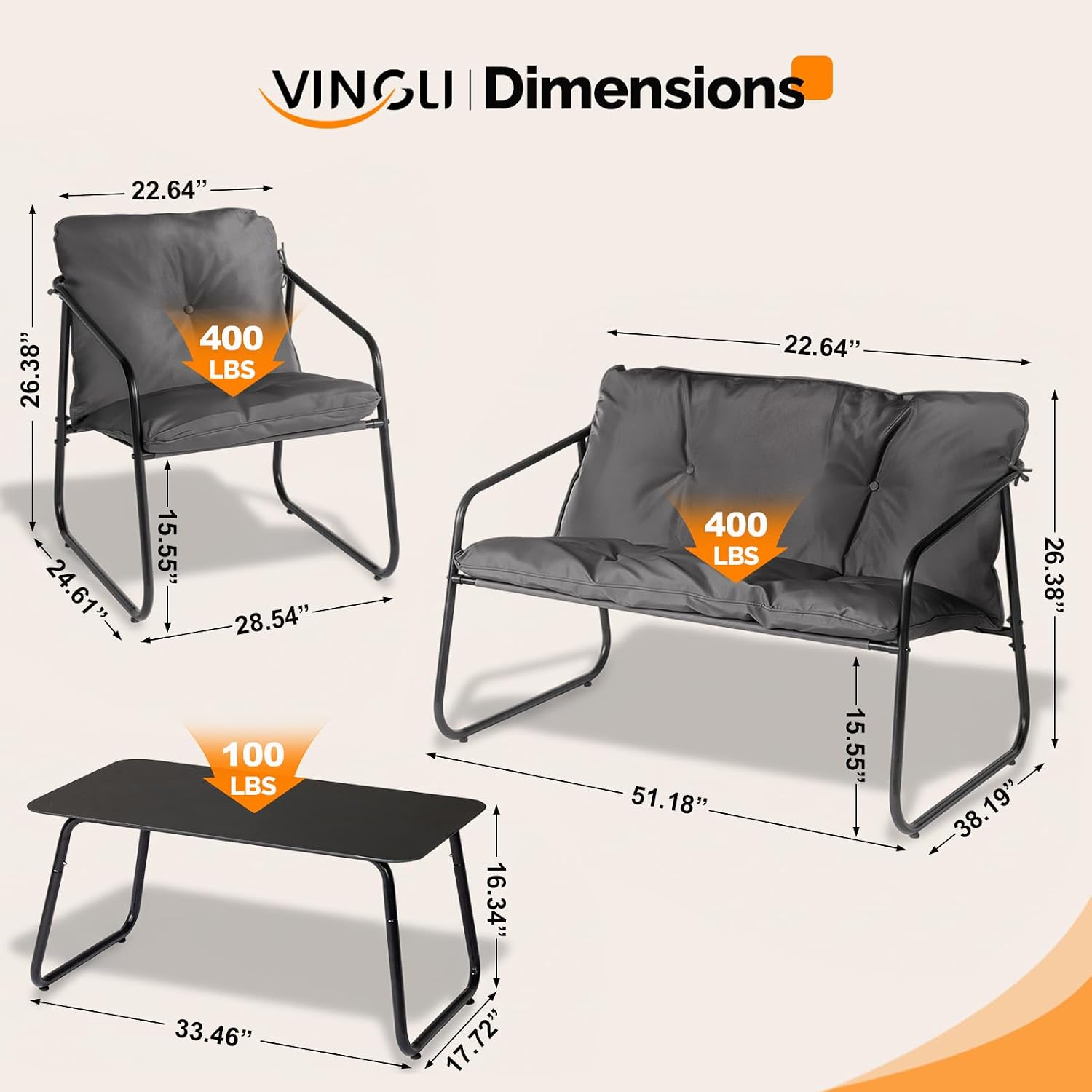 VINGLI 4 Piece Patio Conversation Set, Outdoor Furniture Set with Glass Coffee Table & Comfortable Cushion, All-Weather Cushioned Seating for Garden, Backyard, Porch, Grey