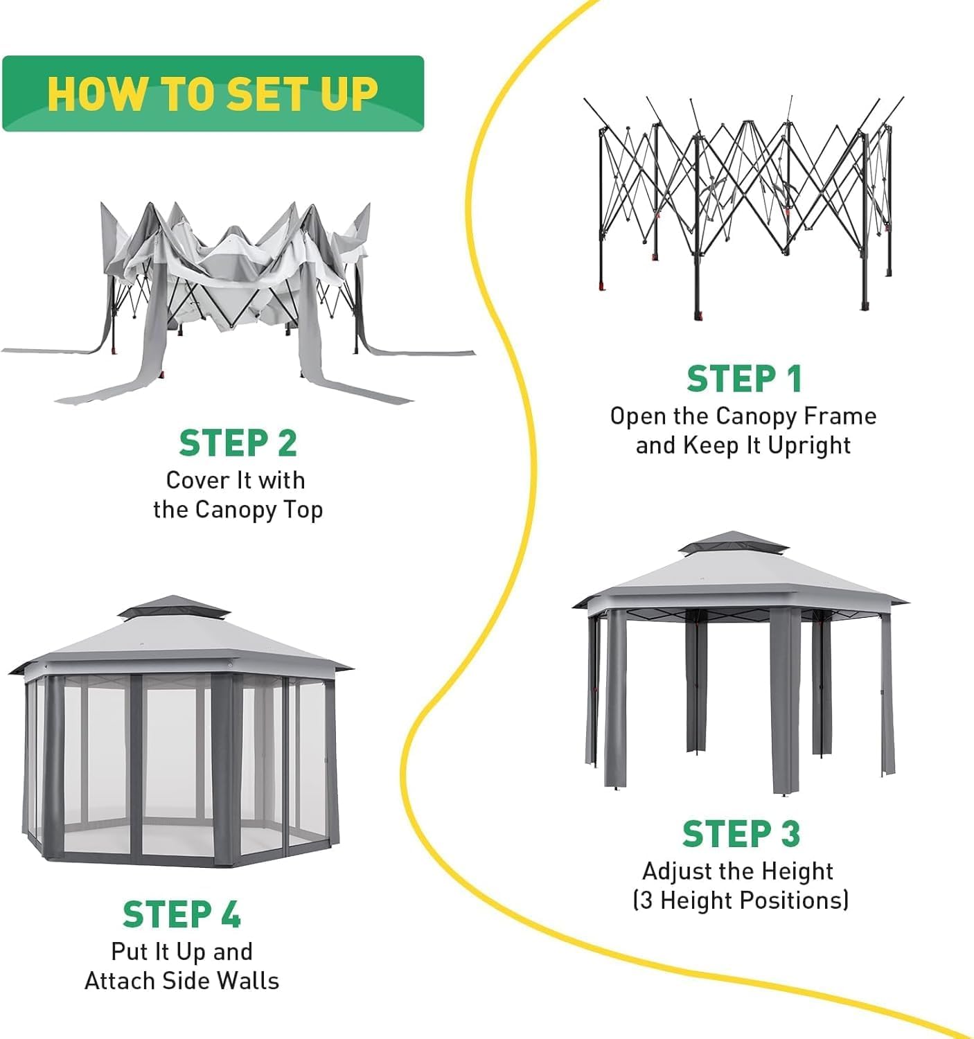 13x13ft Pop Up Gazebo, Outdoor Gazebo with 6 Pieces of Mesh Cloth, Zipper Door & Double Roof, Adjustable Tent Pavilion, UV-Resistant Outdoor Party Tent for Backyard, Garden (Light Gray + Dark Gray)