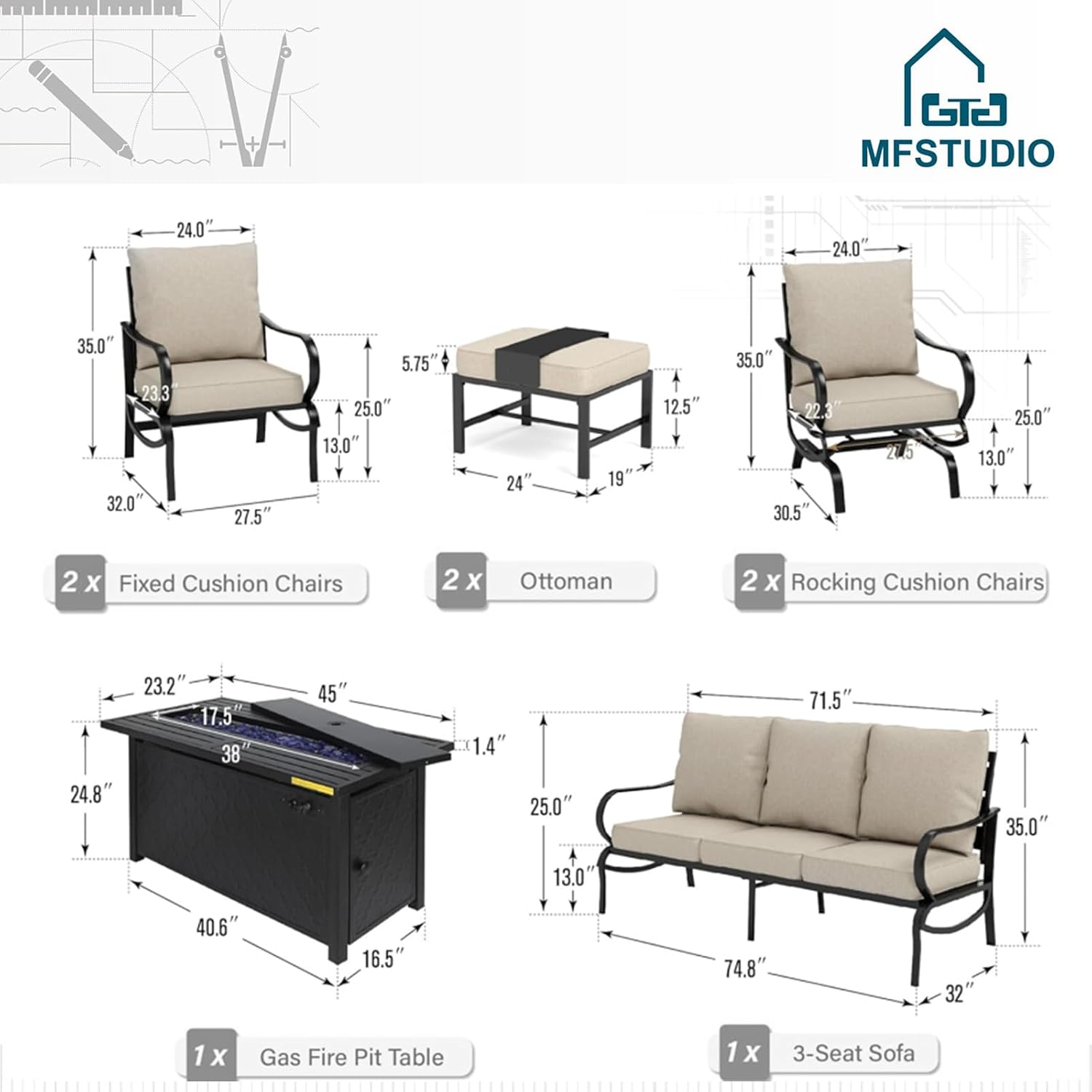 MFSTUDIO 8 Pieces Patio Furniture Sets with 45' Gas Fire Pit Table(Up to 9 Seat), Outdoor Metal Conversation Sofas with 1 x 3-Seat Sofa, 2 Single Chairs, 2 Rocking Chairs and 2 Ottoman, Beige Cushion