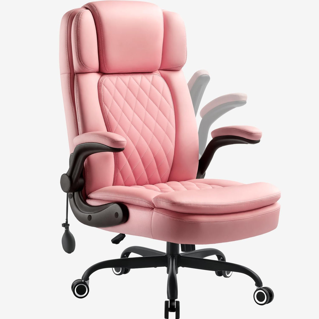 450 LBS Big and Tall Executive Office Chair with Flip up Arm, Heavy Duty Leather Computer Desk Chair,Comfortable High Back Swivel Home Office Chair with Rolling for Adults (Pink)