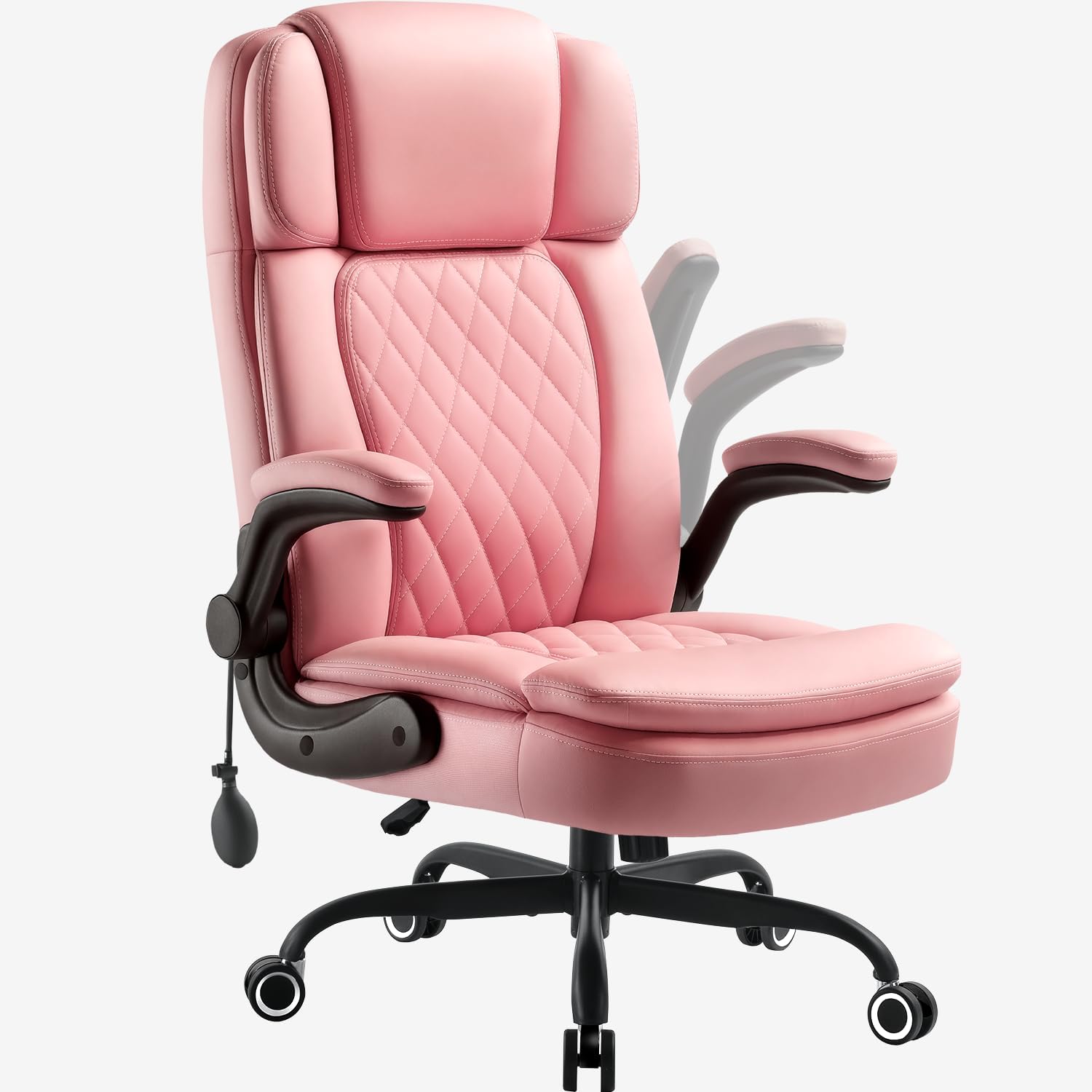 450 LBS Big and Tall Executive Office Chair with Flip up Arm, Heavy Duty Leather Computer Desk Chair,Comfortable High Back Swivel Home Office Chair with Rolling for Adults (Pink)