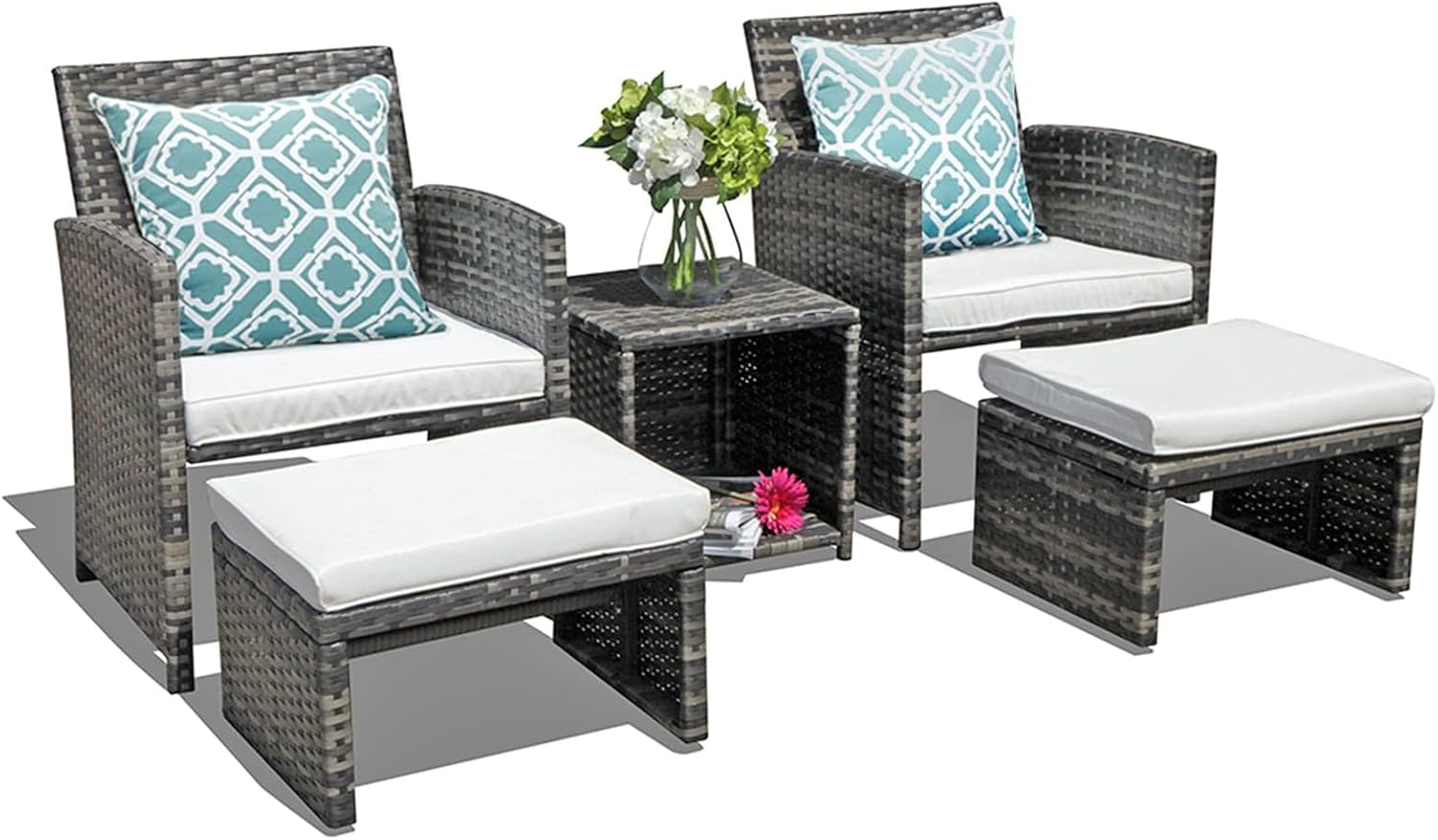 OC Orange-Casual 5 Piece Patio Furniture Set, Wicker Outdoor Conversation Chair and Ottoman Set with Coffee Table, Pillows Included, for Balcony, Porch, Deck, White