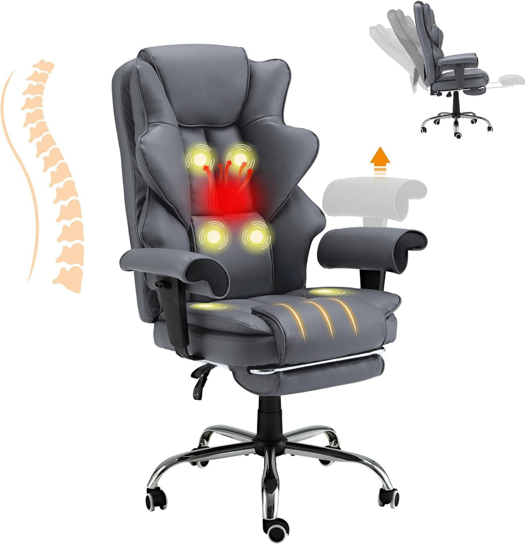 HOMREST 6-Point Massage Executive Chair,Heat Office Chair,Ergonomic Home Office Desk Chairs with Retractable Footrest and Reclining Function,Leather Computer Chair with Adjustable Armrest(‌Grey)