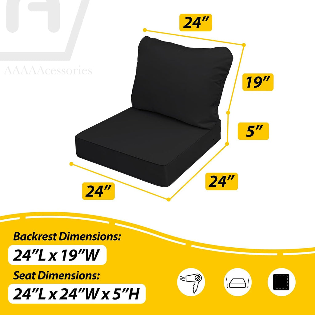 AAAAAcessories Outdoor Deep Seat Cushions, Waterproof, Fade-Resistant Patio Furniture Replacement Cushions, 24' x 24' x 5', Set of 4, Black