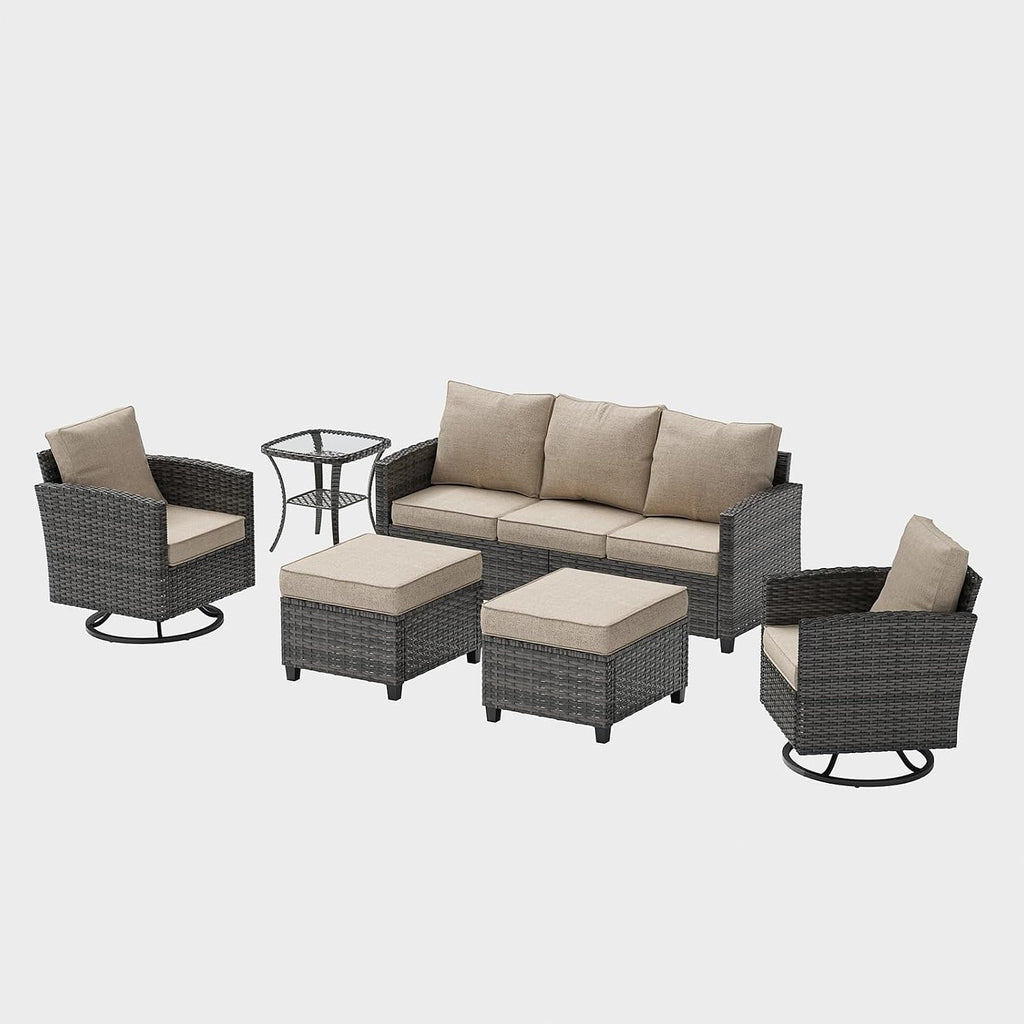 UDPATIO Patio Furniture Set, 6 Pieces Outdoor Sectional Couch, Gray Wicker Rattan Conversation Sofa with Swivel Rocking Chair, 4' Thick Cushion for Garden Backyard Deck, Khaki