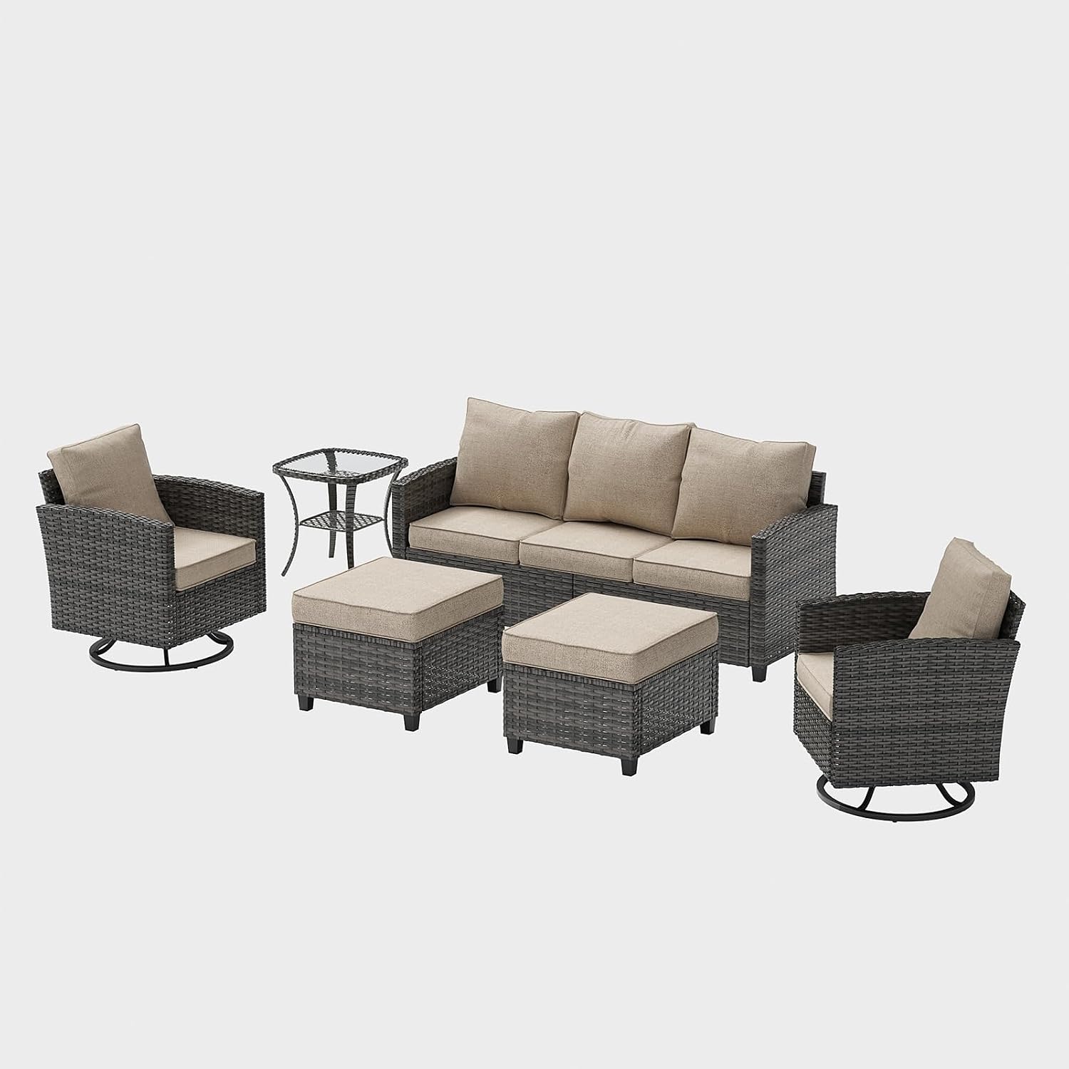 UDPATIO Patio Furniture Set, 6 Pieces Outdoor Sectional Couch, Gray Wicker Rattan Conversation Sofa with Swivel Rocking Chair, 4' Thick Cushion for Garden Backyard Deck, Khaki