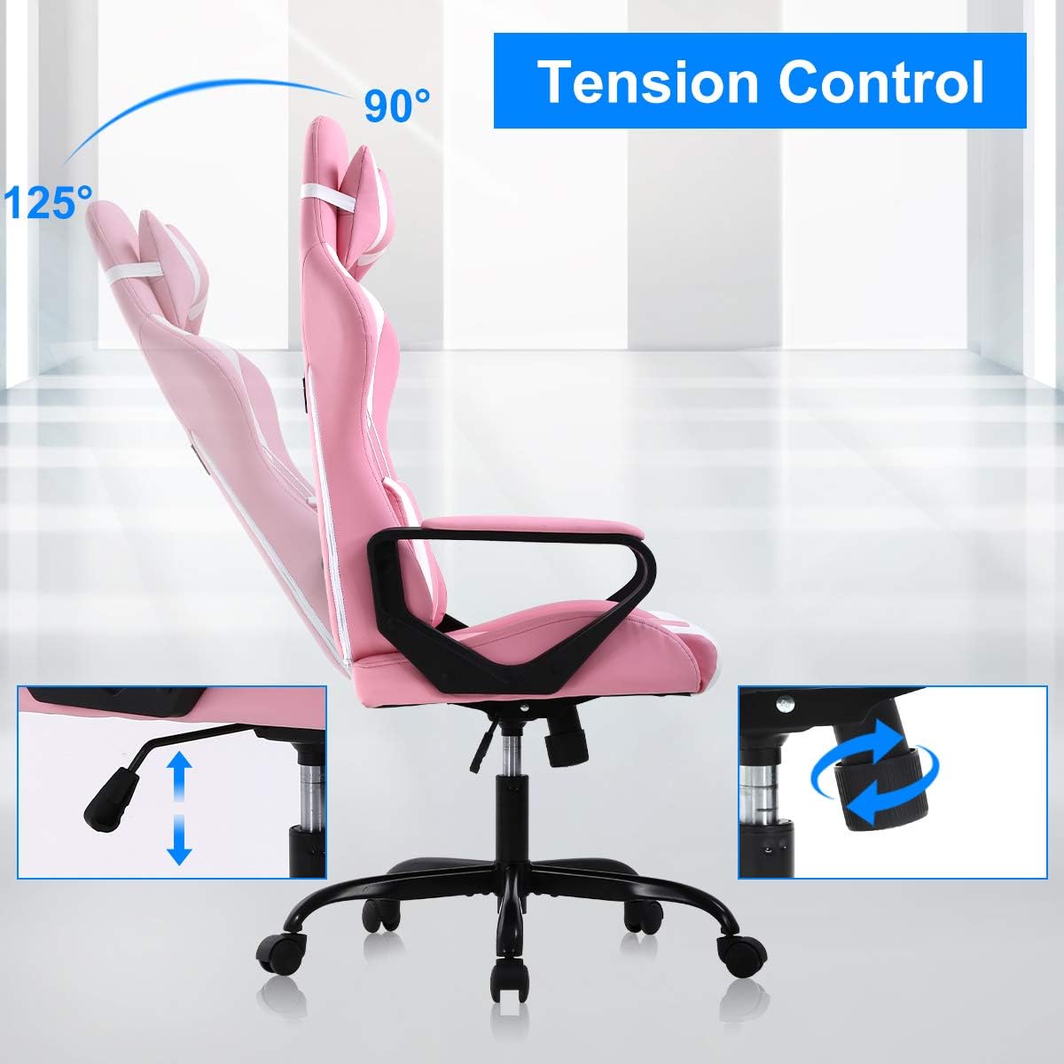 PC Gaming Chair Office Chair Racing Desk Chair with Lumbar Support Arms Headrest Massage High Back PU Leather Ergonomic Computer Chair Rolling Adjustable Swivel Chair for Women Men Adult, Pink