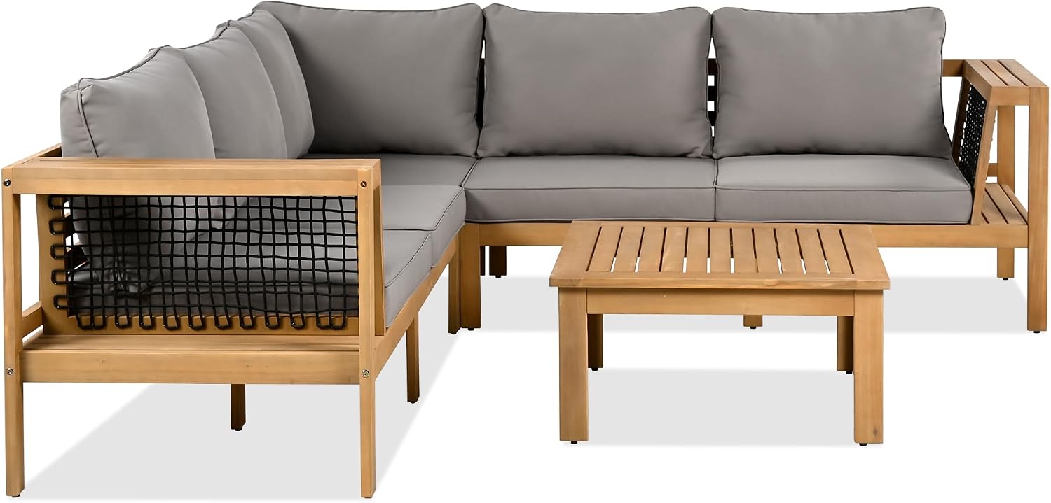 4 Piece Outdoor Patio Furniture Set, L-Shaped Patio Sofa Set with Coffee Table and Woven Mesh Armrests, All-Weather Conversation Seat with Cushions and Side Table (Gray+Natural)