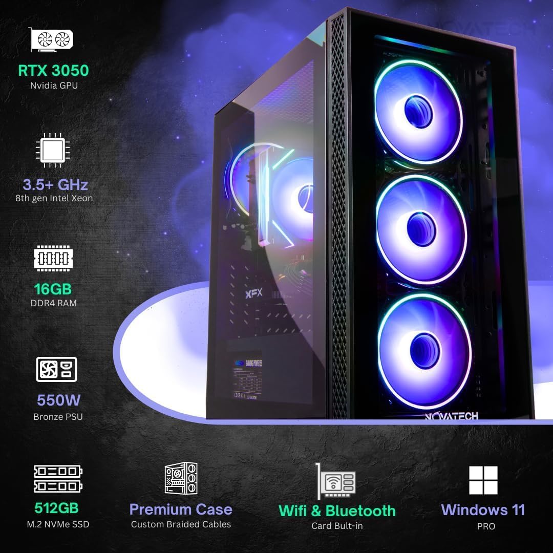 NOVATECH Phantom 2 - Prebuilt Gaming PC Desktop Computer - RTX 3050 - i7 Xeon 3.5GHz - 16GB RAM - 512GB M.2 SSD WiFi/BT, Win 11 Pro - Gaming Computer Tower, Pre Built PC Gaming - 1 Year Warranty