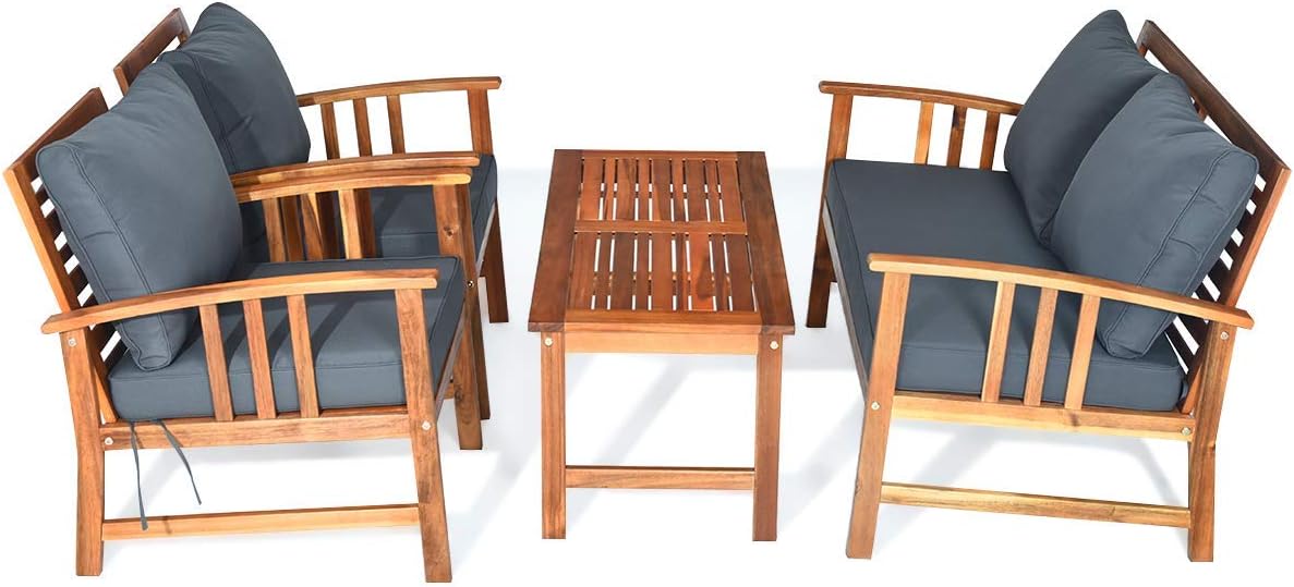Tangkula 4 Pieces Acacia Wood Patio Furniture Set, Outdoor Seating Chat Set with Gray Cushions & Back Pillow, Conversation Set with Coffee Table, Ideal for Garden, Backyard, Poolside