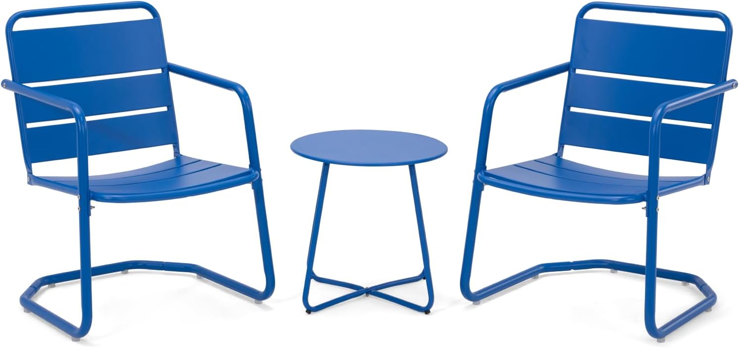 MELLCOM 3 Piece Patio Set, Small Patio Furniture Set - 2 C-Spring Metal Chairs with Round Side Table, Outdoor Bistro Set for Balcony, Front Porch, Poolside, Deck, Indoor, Blue