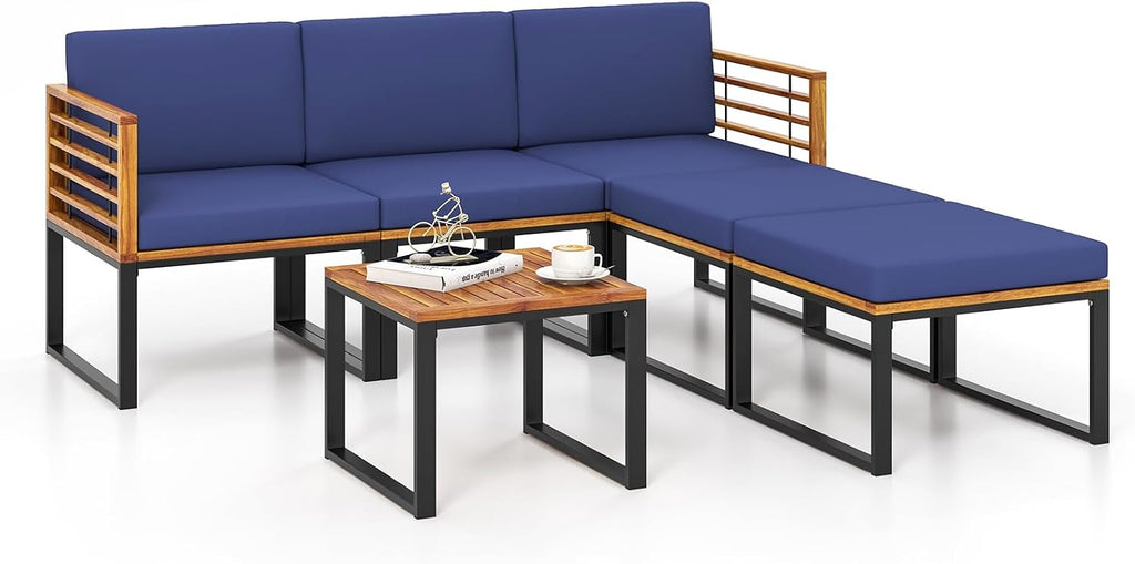 Tangkula 6 Pieces Acacia Wood Patio Furniture Set, Outdoor Sectional Conversation Sofa Set with Cushions, Coffee Table and Ottomans, Metal Frame Patio Sofas for Garden, Poolside, Backyard, Navy