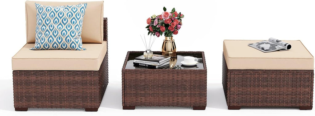 Patiorama 3 Piece Patio Furniture Set, Outdoor Sectional Sofa, PE Wicker Rattan Conversation Set, All Weather Armless Chair and Ottoman with Coffee Table, Brown Wicker Beige Cushion