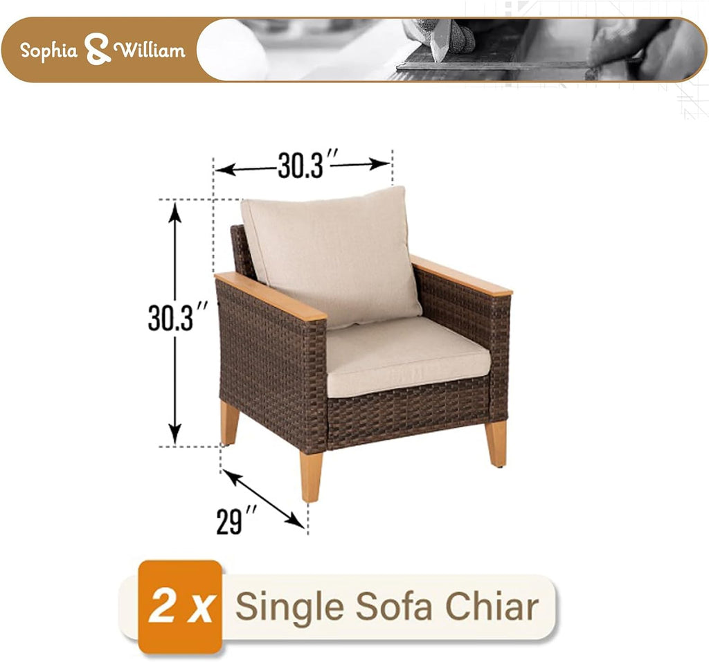 Sophia & William Outdoor Sectional Sofa 2 Piece Patio Wicker Furniture Set, Large Single Sofa Chairs, Deck Porch Furniture with 4' Thick Cushions(Beige)