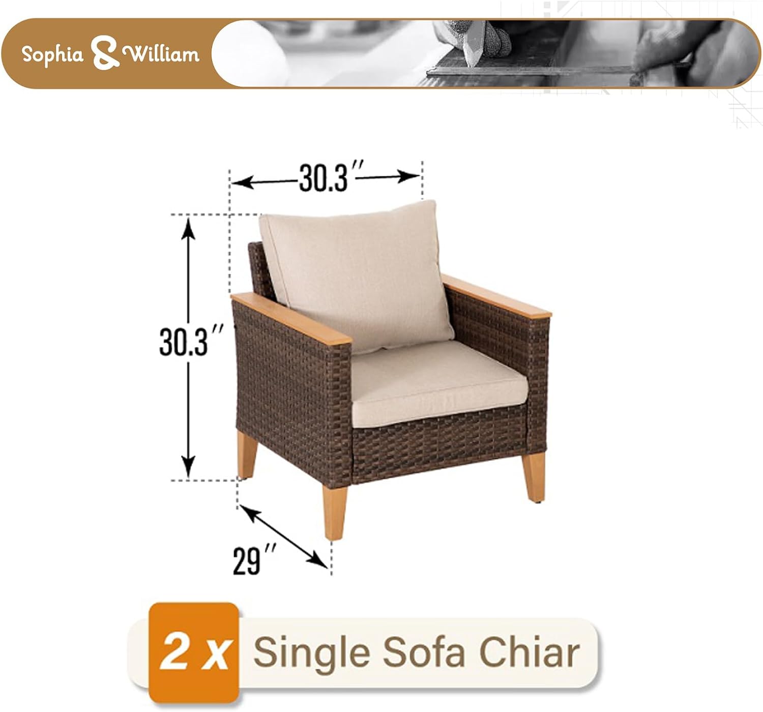 Sophia & William Outdoor Sectional Sofa 2 Piece Patio Wicker Furniture Set, Large Single Sofa Chairs, Deck Porch Furniture with 4' Thick Cushions(Beige)
