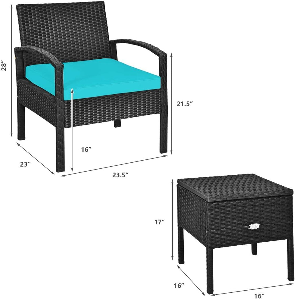 HAPPYGRILL 3 Piece Patio Furniture Set Rattan Wicker Sofa Set with Removable Cushions and Coffee Table, Outdoor Conversation Bistro Chairs Set with Storage Table for Garden Poolside Balcony