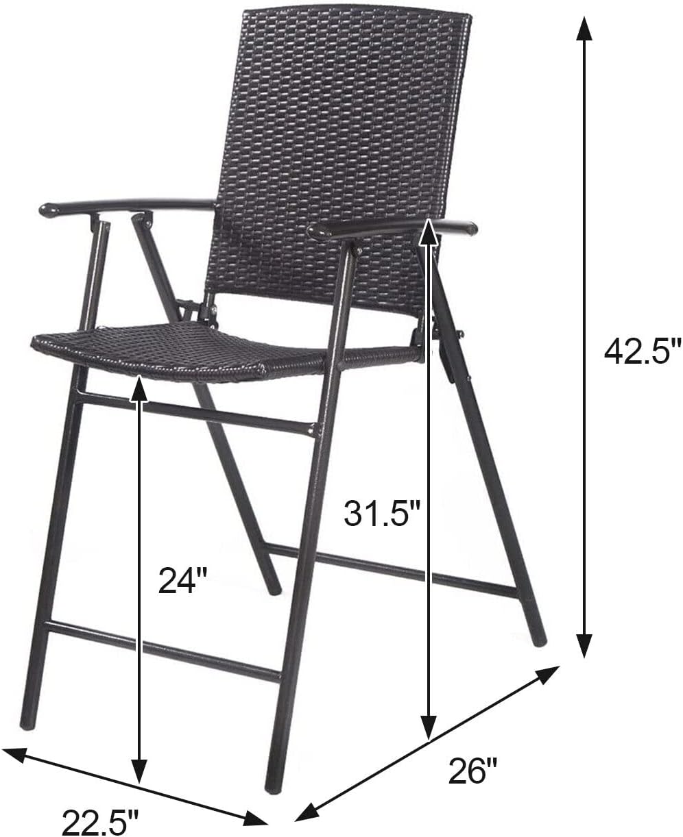 Giantex Set of 4 Folding Wicker Rattan Bar Chairs High Stool with Back Steel Frame Portable Outdoor Indoor UV Resistant Barstools Garden Patio Furniture Set w/Armrests Footrest