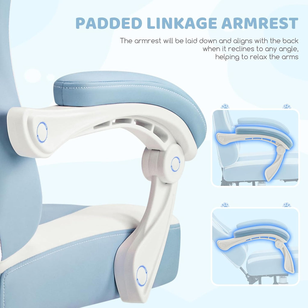 Gaming Chairs, Comfy Video Game Chair for Adults with Cat Ears Pocket Spring Cushion Massage Lumbar Support & Headrest, Ringing Accessories Cute Leather Ergonomic Computer Chair for Girls, Blue/White