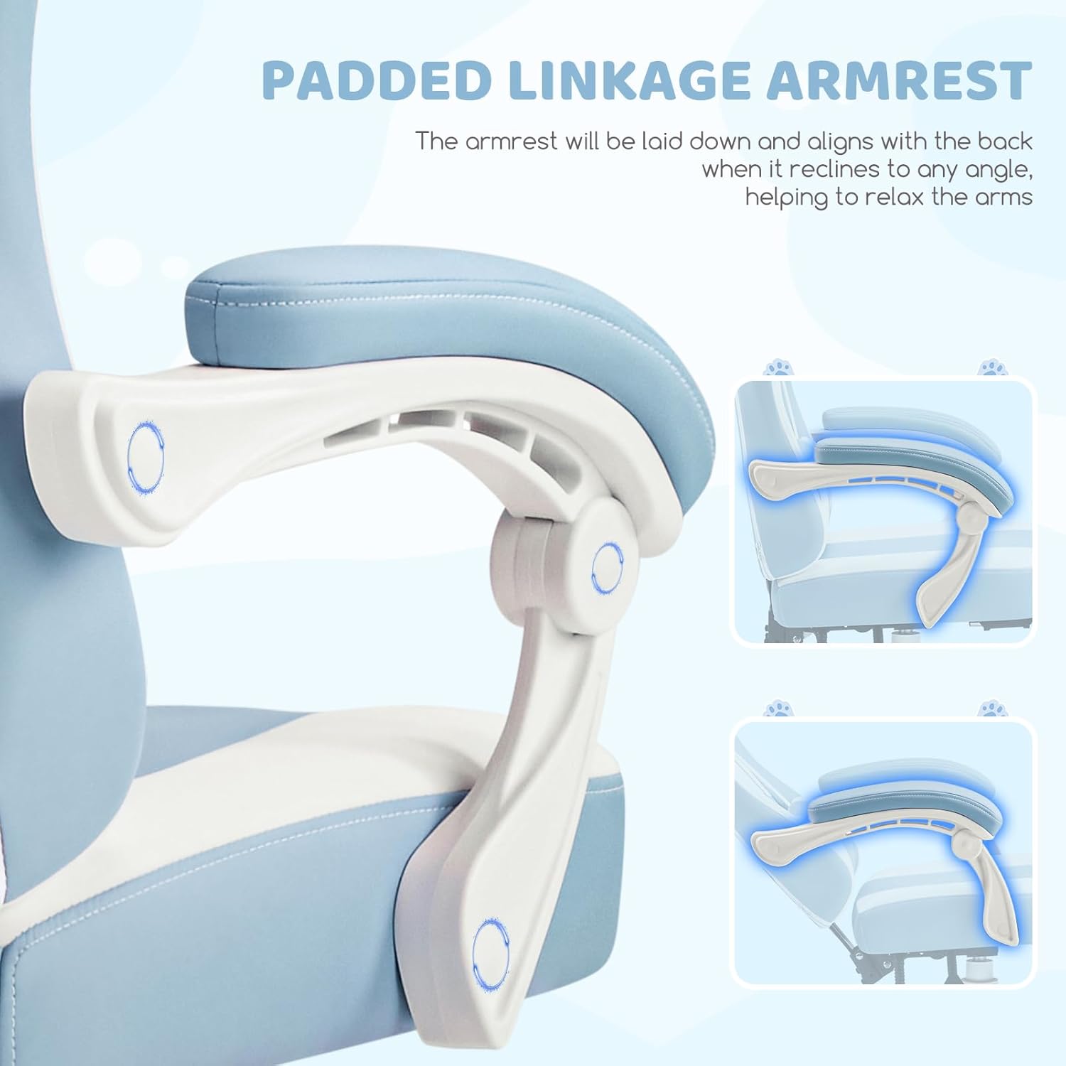 Gaming Chairs, Comfy Video Game Chair for Adults with Cat Ears Pocket Spring Cushion Massage Lumbar Support & Headrest, Ringing Accessories Cute Leather Ergonomic Computer Chair for Girls, Blue/White