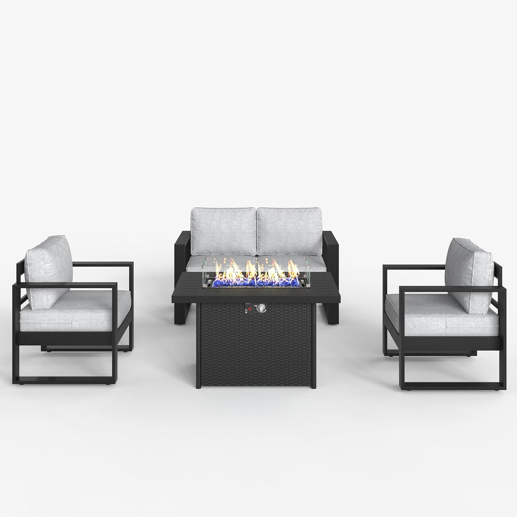 LayinSun 4 Pieces Aluminum Outdoor Patio Furniture Set, Metal Modern Conversation Sofa Set with Fire Pit Table and Washable Thick Cushions for Porch, Backyard, Deck