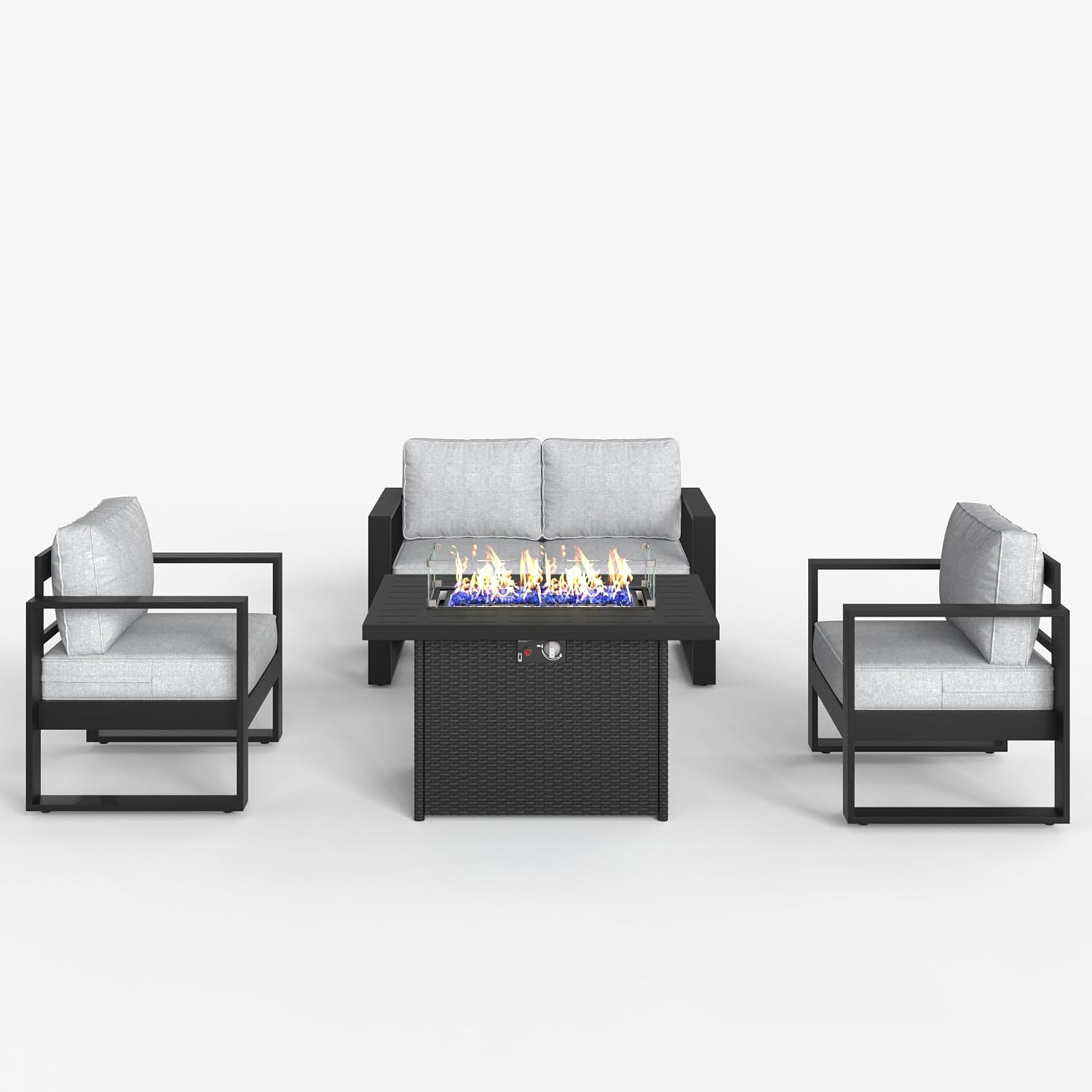 LayinSun 4 Pieces Aluminum Outdoor Patio Furniture Set, Metal Modern Conversation Sofa Set with Fire Pit Table and Washable Thick Cushions for Porch, Backyard, Deck