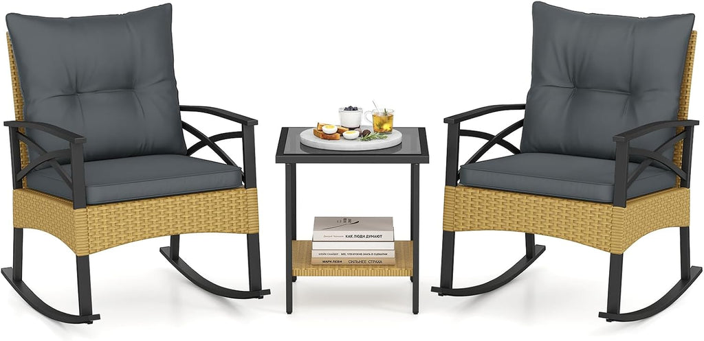 Tangkula 3 Pieces Outdoor Rocking Chairs Set, Rattan Heavy Duty Cushioned Rocker Chairs with 2-Tier Tempered Glass Coffee Table, for Garden, Balcony, Backyard (Yellow+Gray)