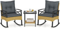 Tangkula 3 Pieces Outdoor Rocking Chairs Set, Rattan Heavy Duty Cushioned Rocker Chairs with 2-Tier Tempered Glass Coffee Table, for Garden, Balcony, Backyard (Yellow+Gray)