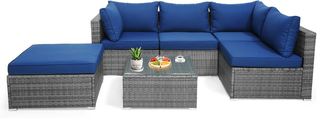 Tangkula 6 Pieces Sectional Patio Furniture Set, Weather Resistant Heavy Duty Outdoor Modular Sofa Set with Soft Padded Cushions, Tempered Glass Coffee Table, for Deck, Garden, Lawn, Poolside (Navy)