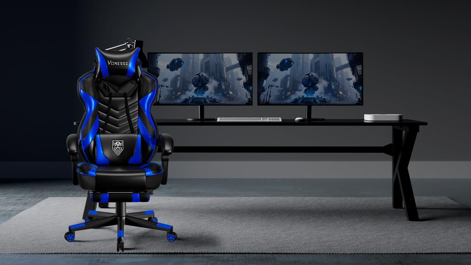 Vonesse Gaming Chair, Big and Tall Gaming Chair with Footrest and Massage, Gaming Chairs for Adults with Lumbar Support, Ergonomic High Back Computer Chair with Pocket Spring Cushion (Black/Blue)