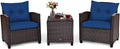 COSTWAY 3PCS Patio Furniture Set, PE Rattan Wicker Sofa w/Washable Cushion and Coffee Table, Tempered Glass Tabletop, Outdoor Conversation Set for Balcony, Porch, Yard, Backyard, Lawn, Navy Blue