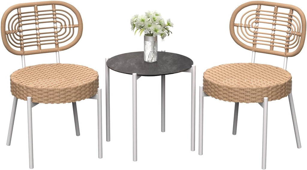 3 Piece Wicker Patio Bistro Furniture Set, Outdoor Dining Chairs, Includes 2 Rattan Chairs and Tempered Glass Table, for Garden, Backyard, Balcony, Apartment, White & Brown