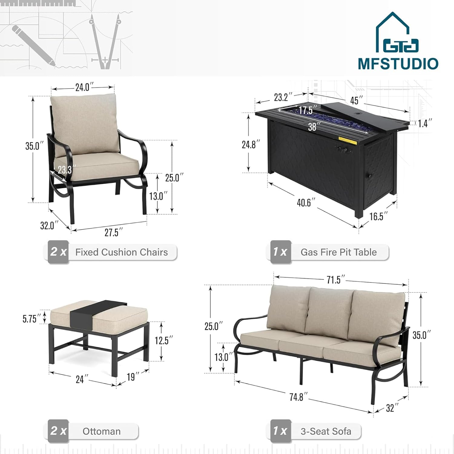 MFSTUDIO 6 Pieces Patio Furniture Sets with 45' Gas Fire Pit Table(Up to 7 Seat),Outdoor Metal Conversation Sofas with 1 x 3-Seat Sofa, 2 Sofa Chairs and 2 Ottoman,Beige Cushion