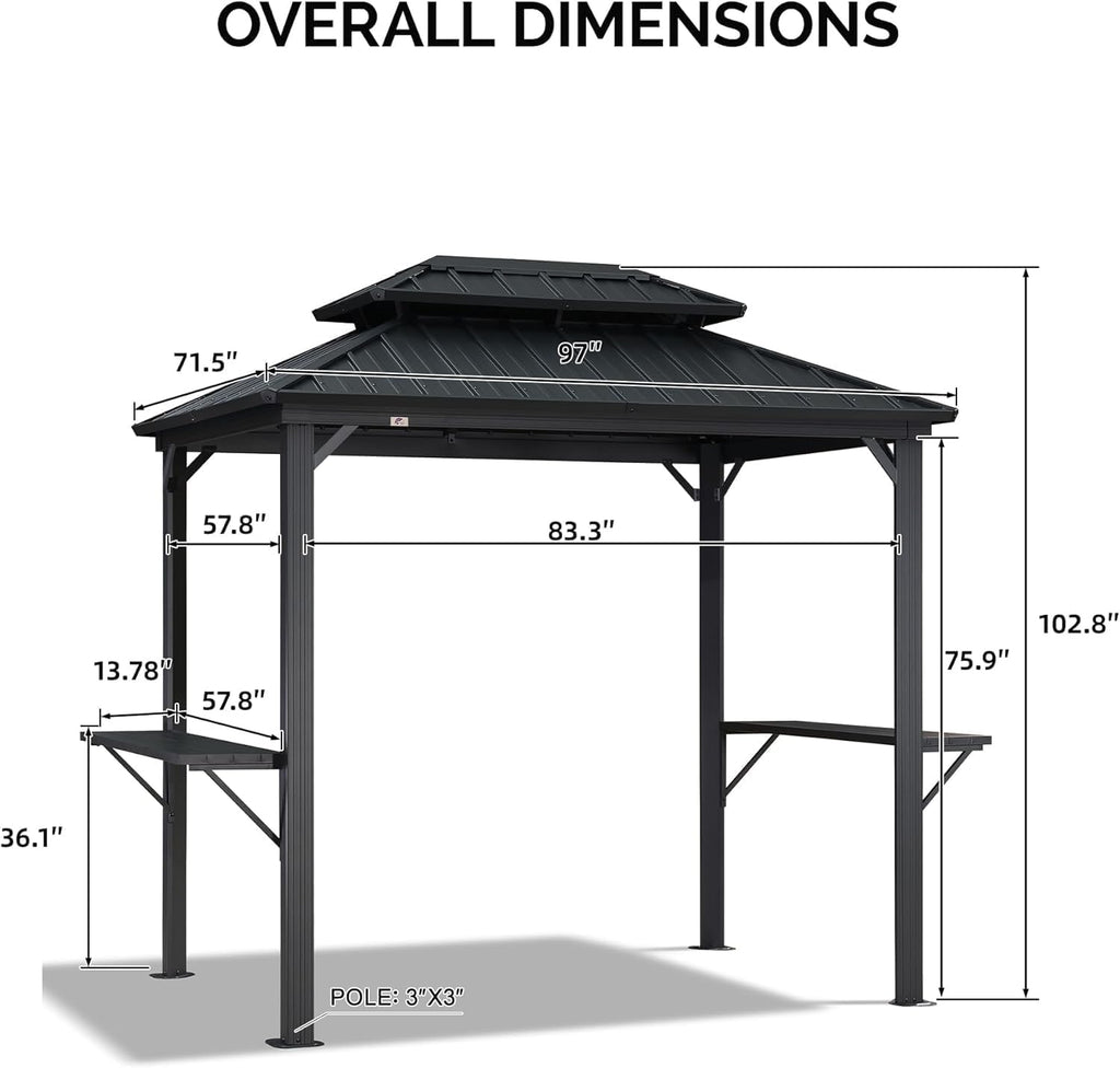 PURPLE LEAF 6' X 8' Hardtop Grill Gazebo for Patio Permanent Aluminum Barbeque Shelter Canopy with Ceiling Hook and Shelves Double Tiered Grey Outdoor BBQ Gazebo