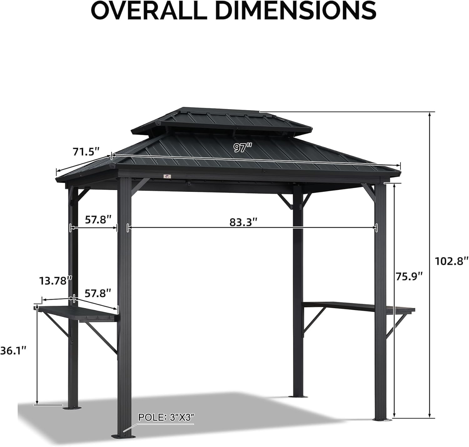 PURPLE LEAF 6' X 8' Hardtop Grill Gazebo for Patio Permanent Aluminum Barbeque Shelter Canopy with Ceiling Hook and Shelves Double Tiered Grey Outdoor BBQ Gazebo