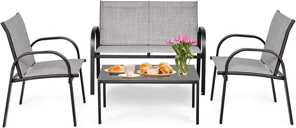 Tangkula 4 Pieces Patio Furniture Set, Metal Frame Heavy Duty Outdoor Conversation Set, Includes Glass Top Coffee Table, 2 Armrest Chairs and Loveseat, Suitable for Lawn Garden Porch Balcony (Gray)