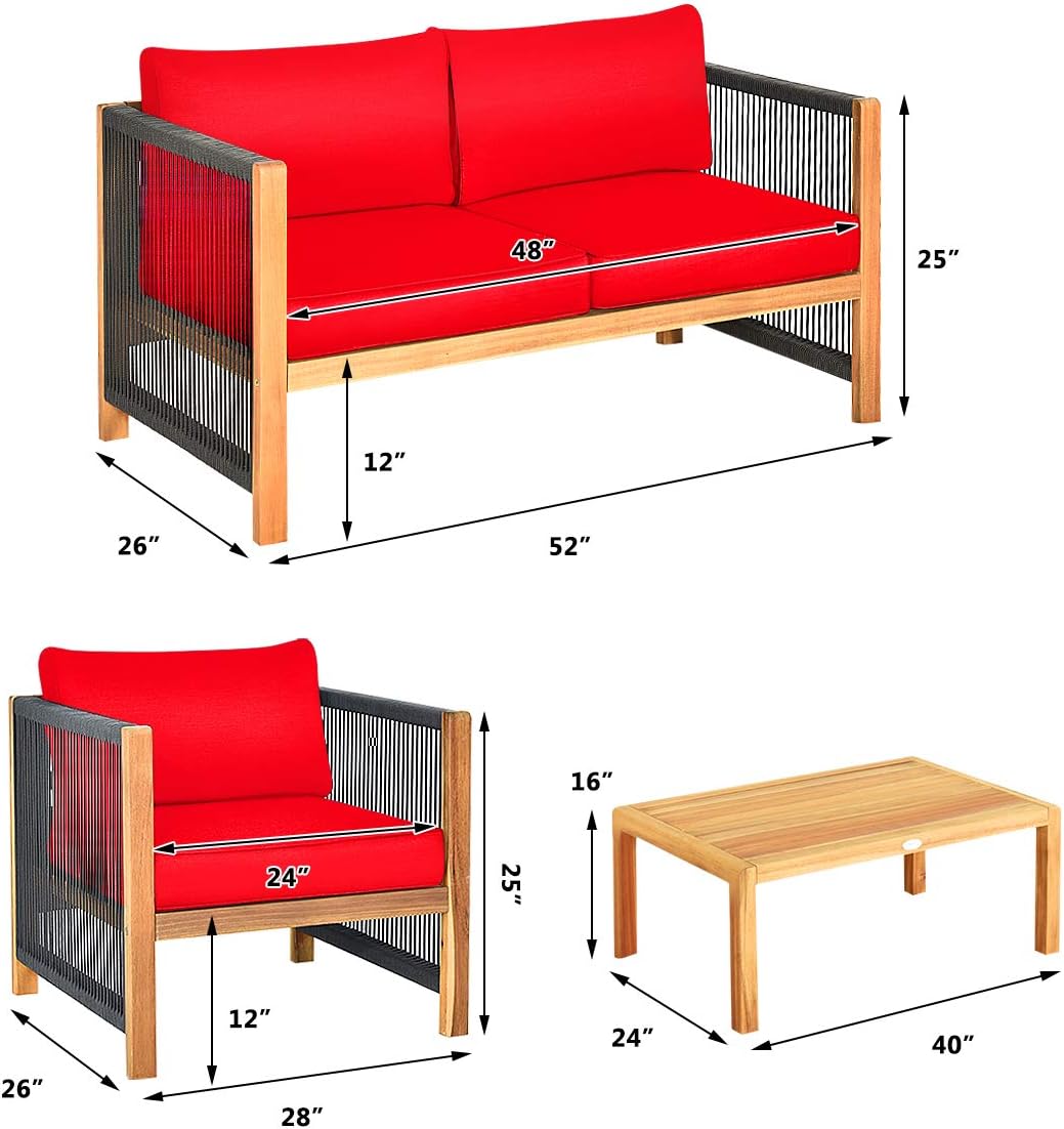 Tangkula Outdoor Wood Furniture Set, Acacia Wood Frame Loveseat Sofa, 2 Single Chairs and Coffee Table, 4 Pieces Conversation Set with Cushions, Garden Balcony Poolside Outdoor Living Set (1, Red)