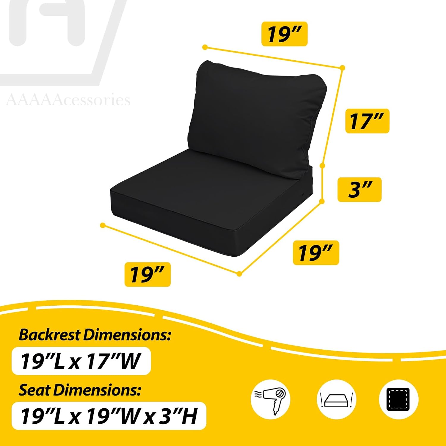 AAAAAcessories Outdoor Seat Cushions for Chairs, Fade-Resistant, Waterproof Patio Furniture Replacement Cushions, 19' x 19' x 3' + 19' x 17', Set of 4, Charcoal Black