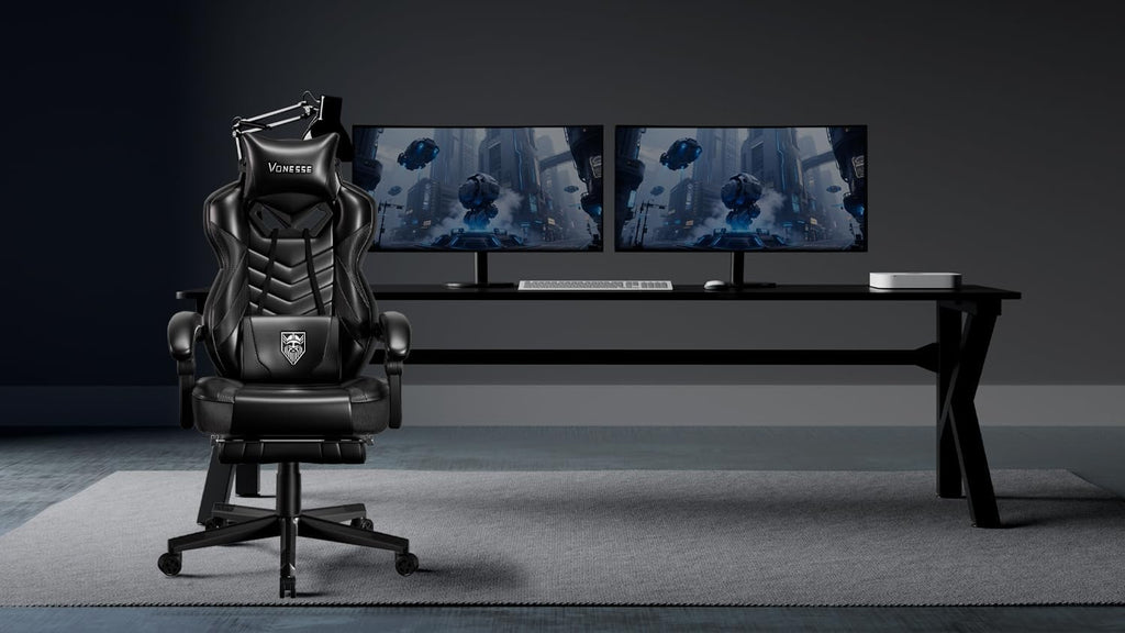 Vonesse Gaming Chair, Big and Tall Office Chair with Footrest and Massage, Gaming Chairs for Adults with Lumbar Support, Ergonomic High Back Computer Desk Chair with Pocket Spring Cushion (Black)