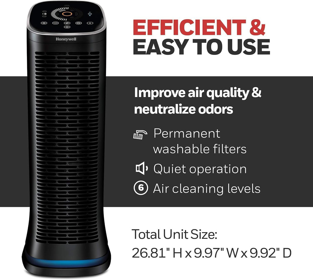 Honeywell Air Genius Air Purifier for Home, Large Rooms up to 1268Ft² with Permanent, Washable Filter, Reduces Dust, Pollen, Pet Dander, Odors, Smoke, Black, HFD360