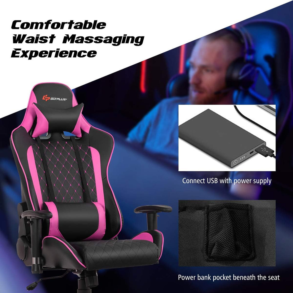 Goplus Massage Gaming Chair, Reclining Backrest Handrails and Seat Height Adjustment Racing Computer Office Chair, Ergonomic High Back Embroidered PU Swivel Game Chair with Headrest and Lumbar Cushion